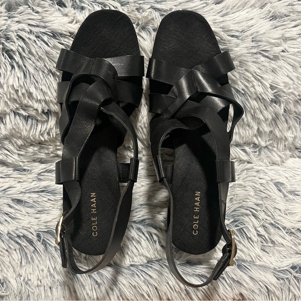 Cole Haan Crystal Wedge Sandals Black‎ Leather Size 7.5B